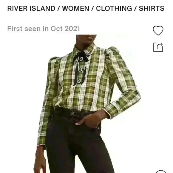 River Island Plaid Crystal Button Cotton Blend Shirt Light Green Size S - Picture 3 of 4